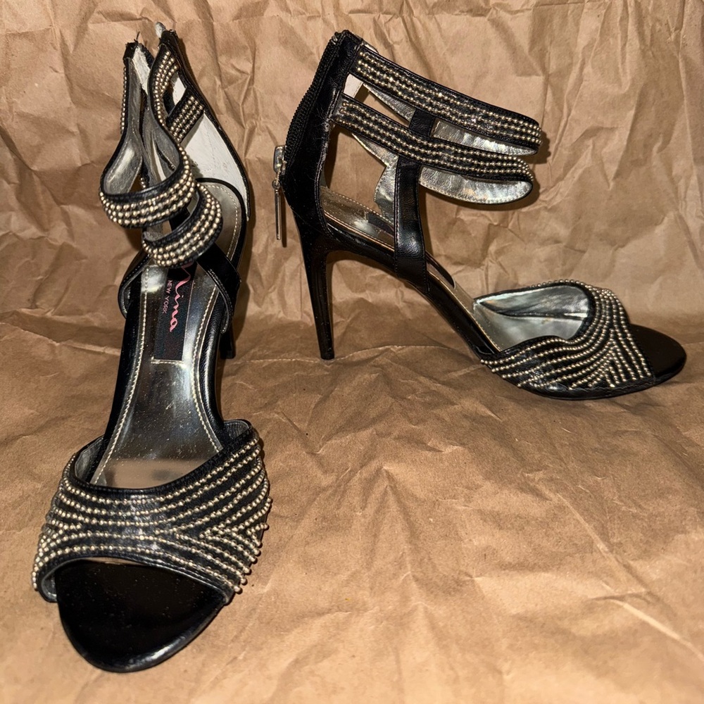 Nina Black and Silver Strappy Heels